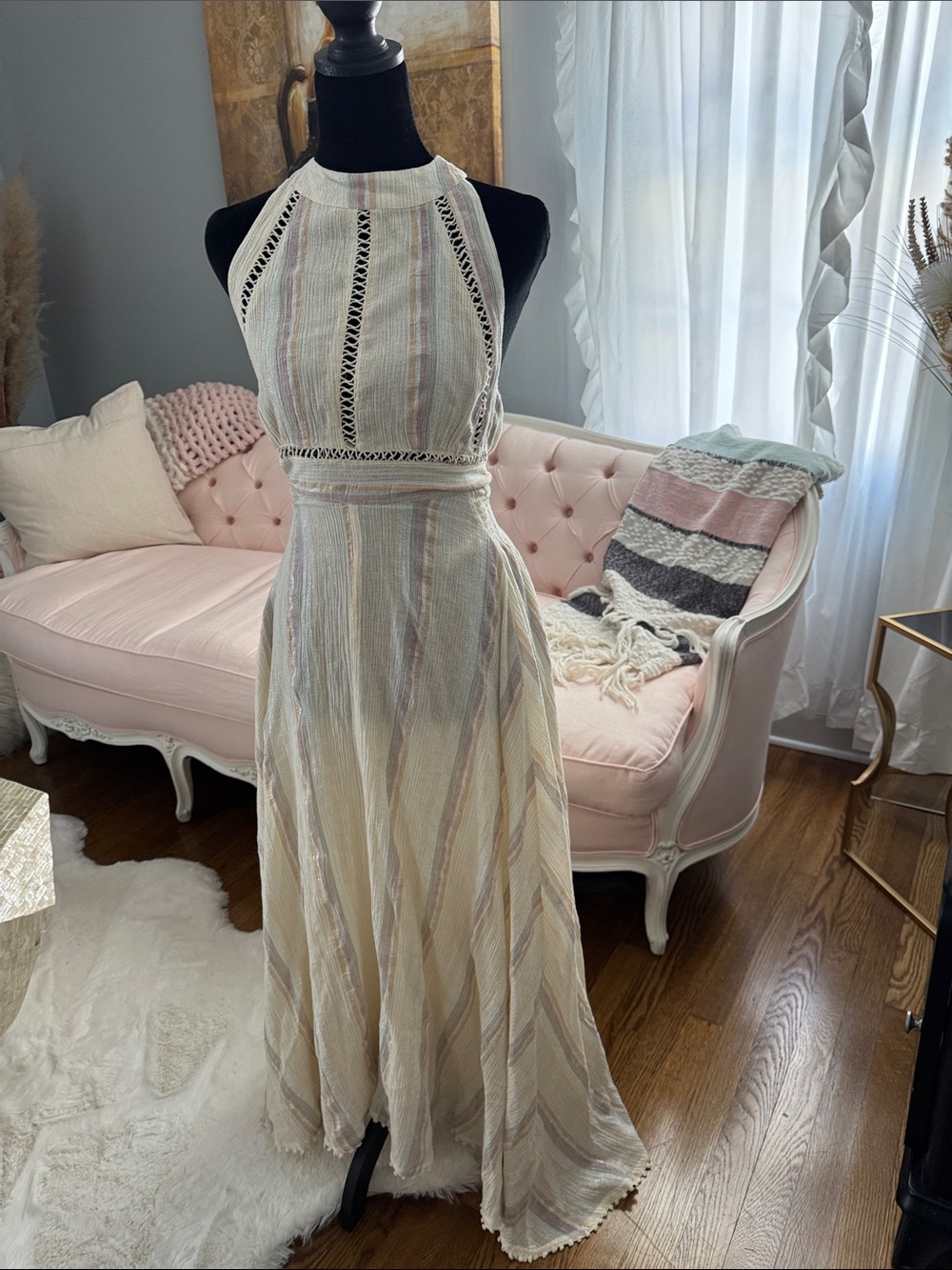 Sleeveless Cream Maxi Dress with Pastel Stripe Detail